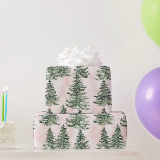 Sage Green & Pink Pine Trees Pattern Cadeaupapier (Feestgeschenken)