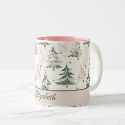 Sage Green & Pink Pine Trees Pattern Tweekleurige Koffiemok (Voorkant rechts)