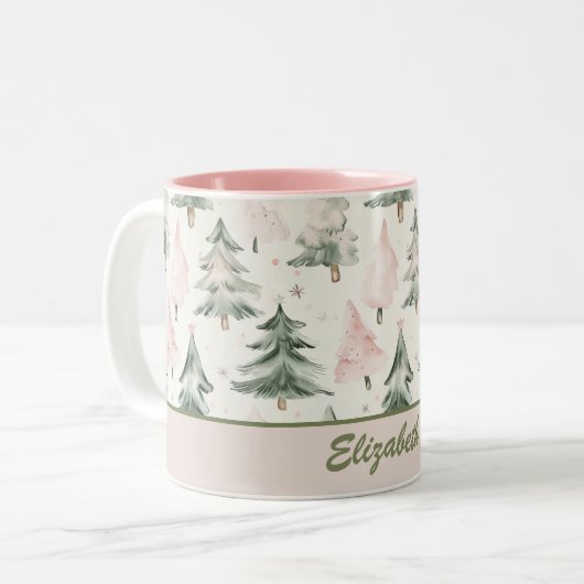 Sage Green & Pink Pine Trees Pattern Tweekleurige Koffiemok (Voorkant links)