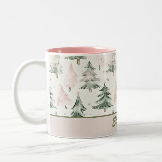 Sage Green & Pink Pine Trees Pattern Tweekleurige Koffiemok (Links)