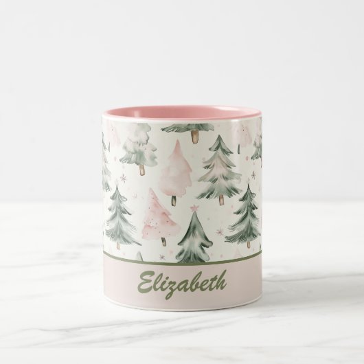 Sage Green & Pink Pine Trees Pattern Tweekleurige Koffiemok (Center)