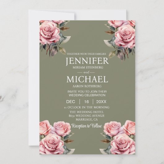 Sage Green Pink Roses Uitnodiging (Voorkant)