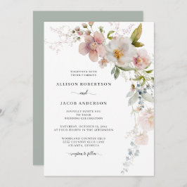 Sage Green Pink Wildflower Floral Wedding Kaart