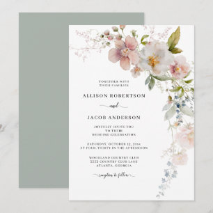 Sage Green Pink Wildflower Floral Wedding Kaart