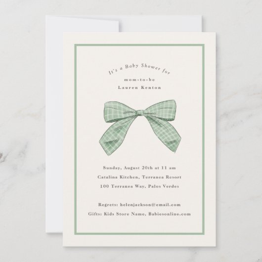 Sage Green Plaid Bow Elegant Baby shower Kaart (Voorkant)