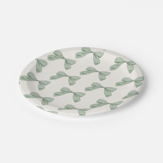Sage Green Plaid Bow Elegant Boy Baby shower Papieren Bordje (Gekanteld)