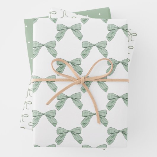 Sage Green Plaid Bow Elegant Neutraal Baby shower Inpakpapier Vel (In situ)