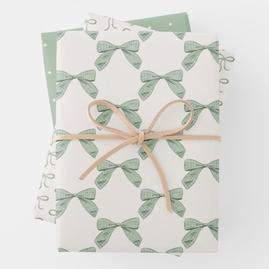 Sage Green Plaid Bow Elegant Neutraal Baby shower Inpakpapier Vel (In situ)