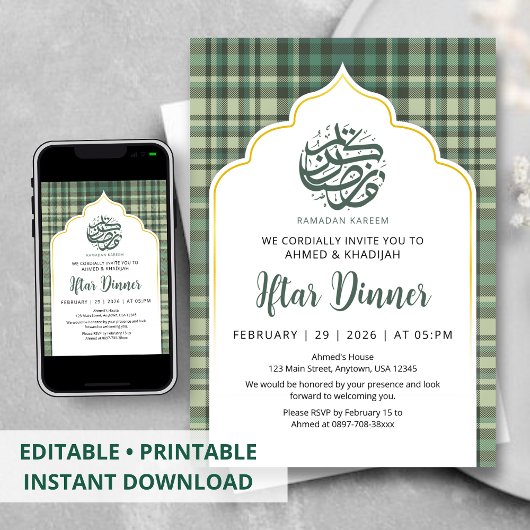 Sage Green Plaid Pattern Ramadan Iftar Invitation Kaart