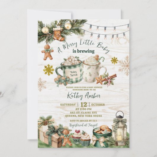 Sage Green Plaid Rustic Baby is Brewing Invitation Kaart (Voorkant)