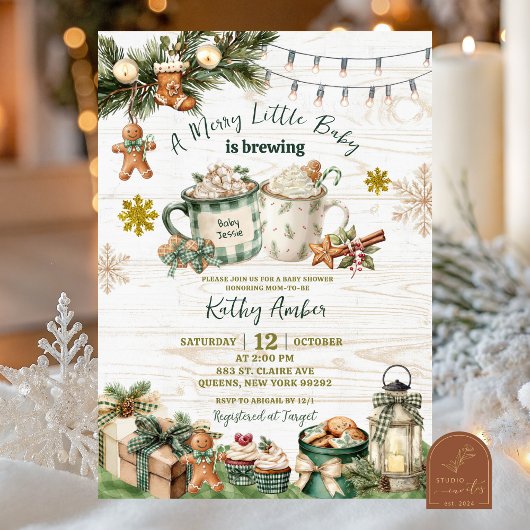 Sage Green Plaid Rustic Baby is Brewing Invitation Kaart