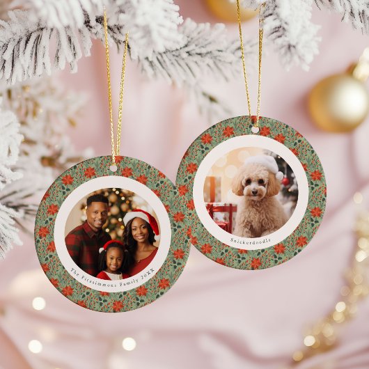 Sage Green Poinsettia 2 Family Photos Christmas Keramisch Ornament