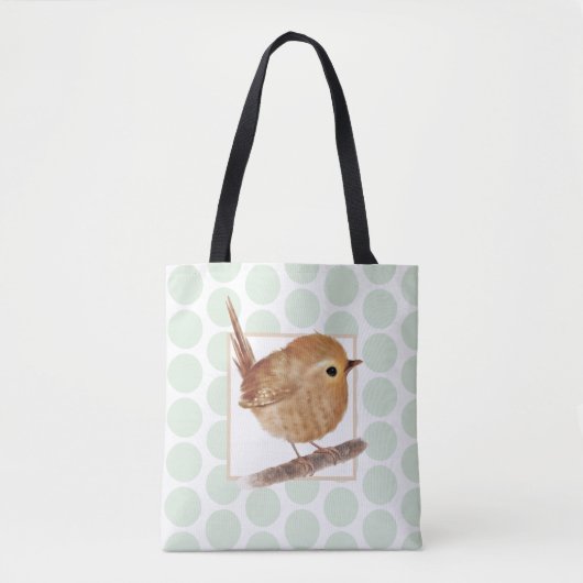 Sage Green Polkadot Puffy Wren Bird Tote Bag (Voorkant)