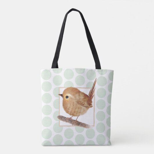 Sage Green Polkadot Puffy Wren Bird Tote Bag (Achterkant)