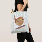 Sage Green Polkadot Puffy Wren Bird Tote Bag (Dichtbij)