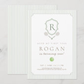 Sage Green Preppy Tennis Crest 1st Birthday invite Bedankkaart (Voorkant / Achterkant)