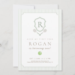 Sage Green Preppy Tennis Crest 1st Birthday invite Bedankkaart
