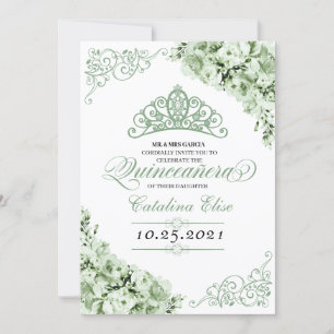 Sage Green Princess Crown Quinceanera Birthday Kaart
