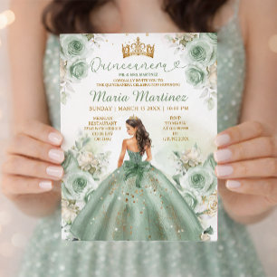 Sage Green Princess Dress Floral Gold Quinceañera Kaart