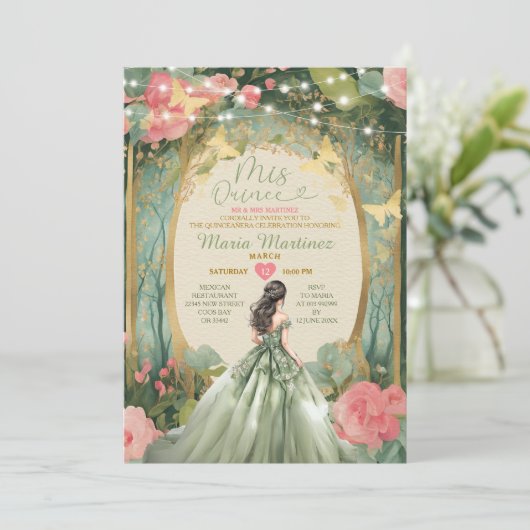 Sage Green Princess Dress Gold Forest Mis Quince Kaart (Staand voorkant)