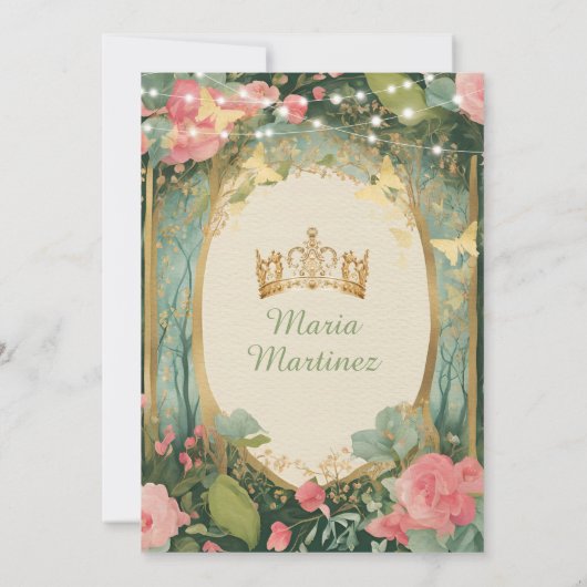 Sage Green Princess Dress Gold Forest Mis Quince Kaart (Achterkant)