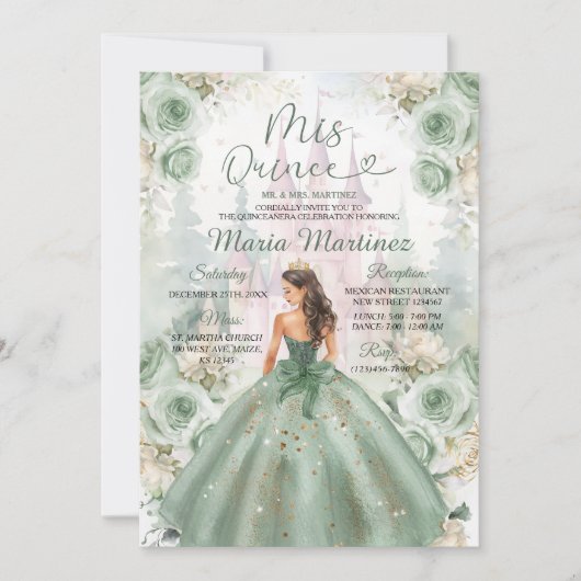 Sage Green Princess en Castle Floral Mis Quince Kaart (Voorkant)