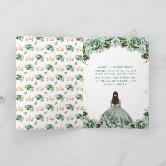 Sage Green Princess Floral Happy Birthday Kaart (Binnen)