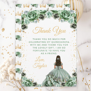 Sage Green Princess Floral Quinceañera Bedankkaart