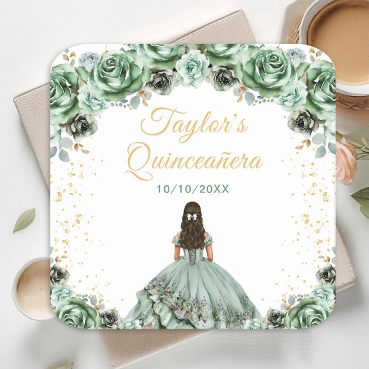 Sage Green Princess Floral Quinceañera Kartonnen Onderzetters