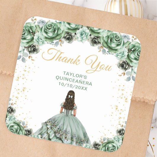 Sage Green Princess Quinceañera Bedankt Vierkante Sticker