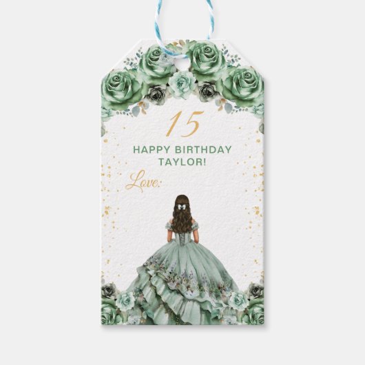 Sage Green Princess Quinceañera Happy Birthday Cadeaulabel (Voorkant)