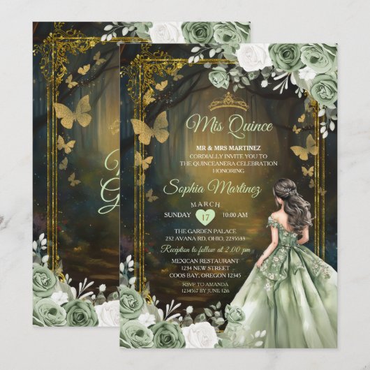 Sage Green Princess Quinceañera Uitnodiging (Voorkant / Achterkant)