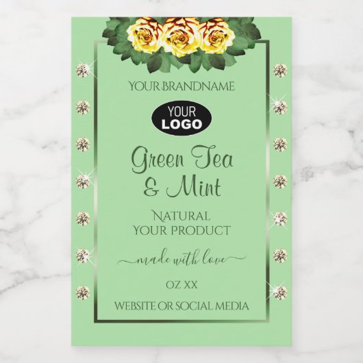 Sage Green Product Labels Yellow Roses Jewels Logo Voedselcontainer Etiket (Enkel label)