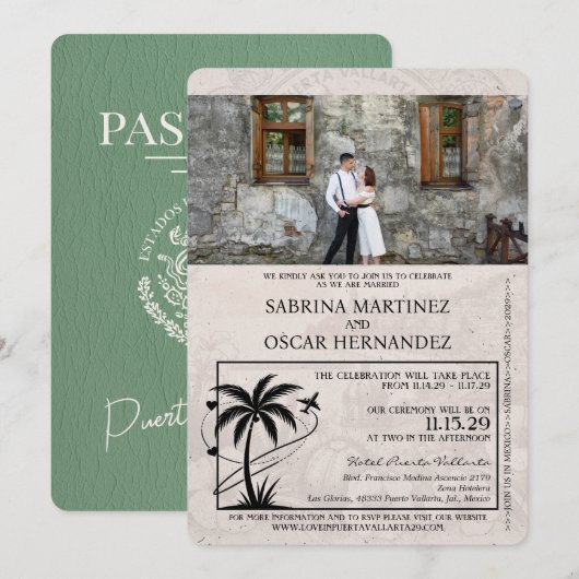 Sage Green Puerta Vallarta Passport Wedding Kaart (Voorkant / Achterkant)