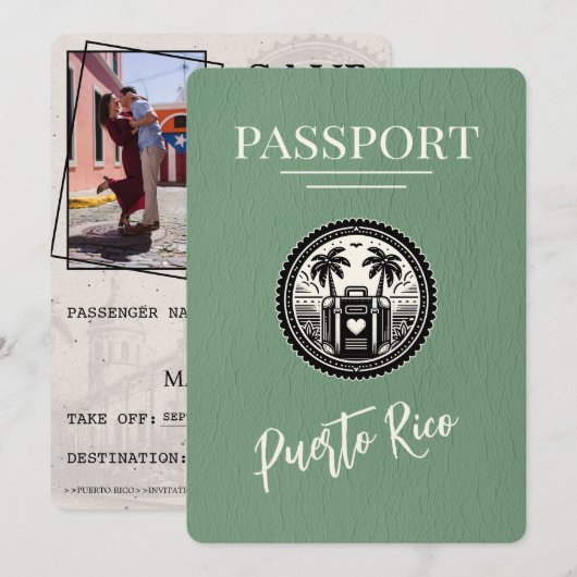 Sage Green Puerto Rico Passport Save The Date (Voorkant / Achterkant)