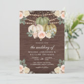 Sage Green Pumpkin Dusty Peach Floral Wood Weddens Kaart (Staand voorkant)
