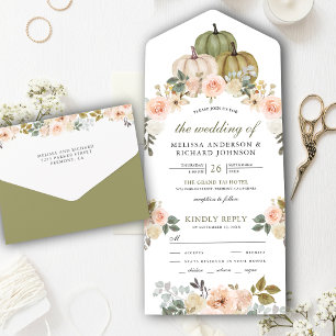 Sage Green Pumpkin en Dusty Peach Floral Wedding All In One Uitnodiging