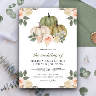 Sage Green Pumpkin en Dusty Peach Floral Wedding Kaart