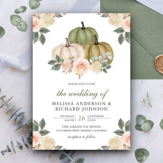 Sage Green Pumpkin en Dusty Peach Floral Wedding Kaart