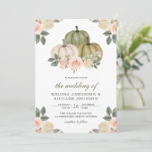 Sage Green Pumpkin en Dusty Peach Floral Wedding Kaart (Staand voorkant)