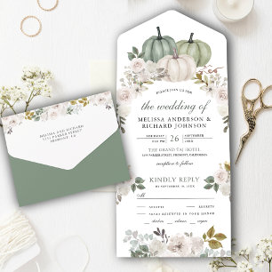 Sage Green Pumpkin en White Floral Wedding All In One Uitnodiging