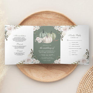 Sage Green Pumpkin en White Floral Wedding Drieluik Uitnodiging