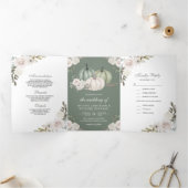 Sage Green Pumpkin en White Floral Wedding Drieluik Uitnodiging (Binnen)