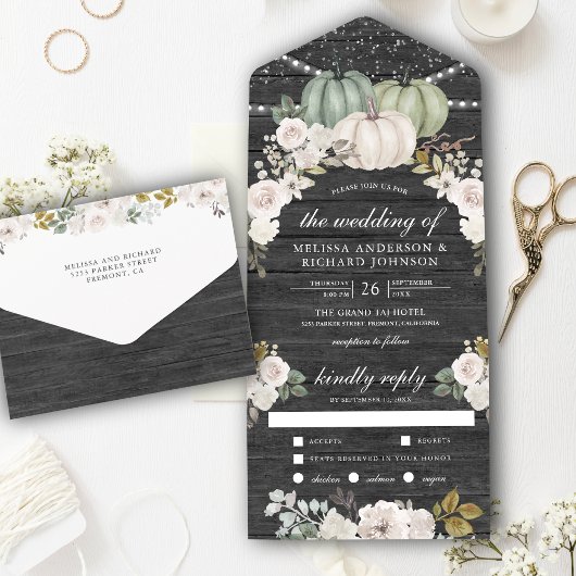 Sage Green Pumpkin en White Floral Wood Wedding All In One Uitnodiging