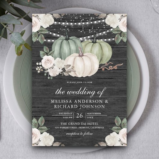 Sage Green Pumpkin en White Floral Wood Wedding Kaart