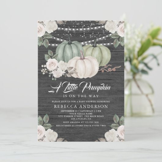 Sage Green Pumpkin Floral Herfst Baby shower Kaart (Staand voorkant)