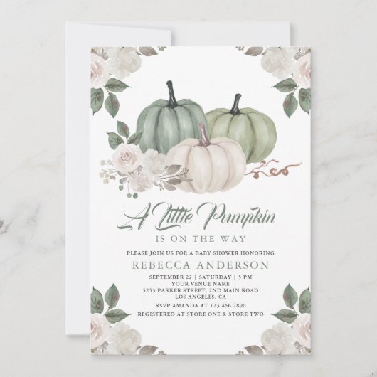 Sage Green Pumpkin Floral Herfst Baby shower Kaart (Voorkant)