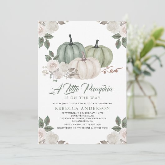 Sage Green Pumpkin Floral Herfst Baby shower Kaart (Staand voorkant)
