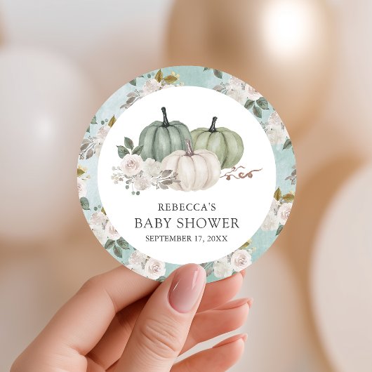 Sage Green Pumpkin Floral Herfst Baby shower Ronde Sticker