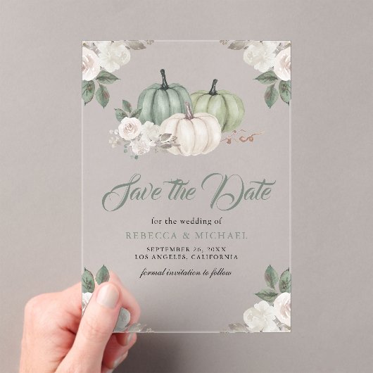 Sage Green Pumpkin Floral Wedding Sla de datum op Acryl Uitnodigingen (Insitu (Draagbaar))